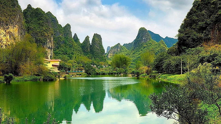 mountains, lake, limestone, China, forest, water, reflection