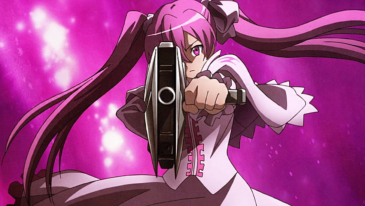 pink haired female anime character with gun illustration, Akame ga Kill!