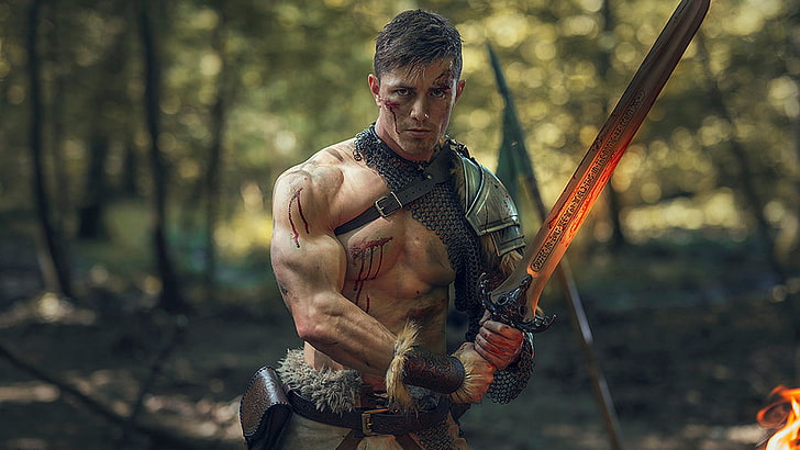 muscles, muscular, biceps, 6-pack, abs, model, warrior, forest, HD wallpaper