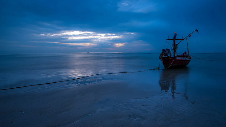 nature, landscape, water, evening, sea, boat, ship, clouds