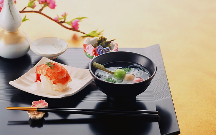 black ceramic bowl, food, chopsticks, sushi, food and drink, table