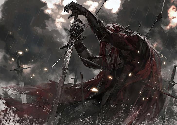 alcd leather armor redhead blood cape dark sword pixiv fantasia rain arrows smoke