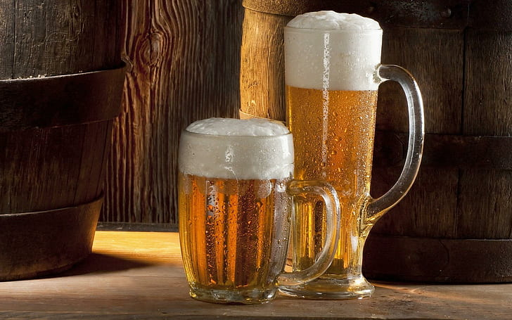 *** Cold Beer ***, two beer mugs, pint, drink, glass, 3d and abstract, HD wallpaper
