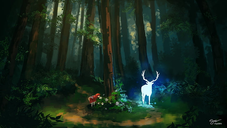 Little Red Riding Hood, illustration, forest, deer, drawing, fan art, HD wallpaper