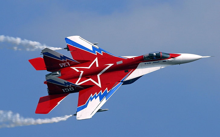 red and white jet plane, Jet Fighters, Mikoyan MiG-29, Air Force