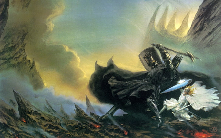 dark knight and light knight painting, J. R. R. Tolkien, The Silmarillion, HD wallpaper