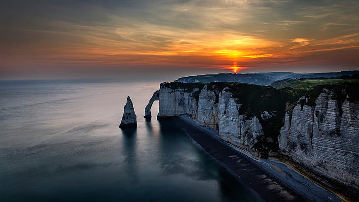 Etretat, France, coast, sea, rocks, sunset, HD wallpaper