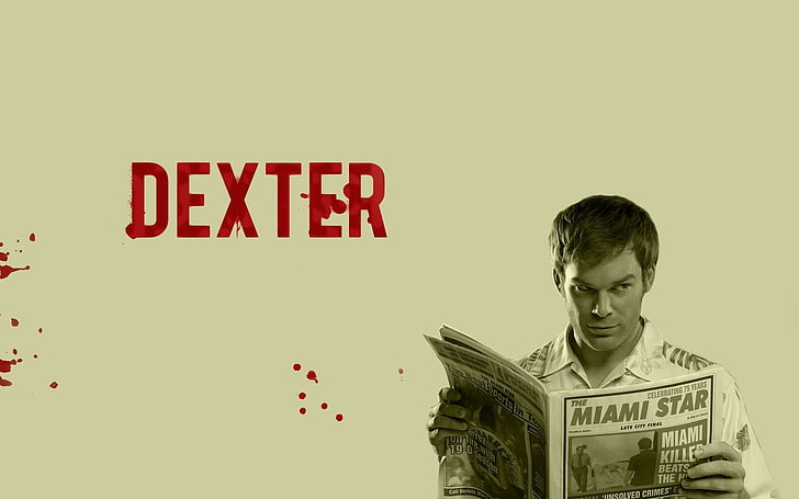 Dexter poster, Dexter Morgan, TV, sepia, newspapers, blood stains