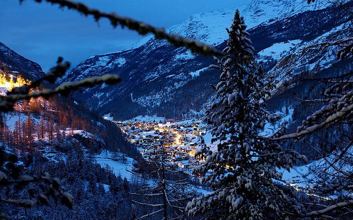 Switzerland, Alps, mountains, winter, snow, night, trees, houses, evening