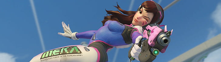 woman wearing white and blue suit digital wallpaper, D.Va (Overwatch)