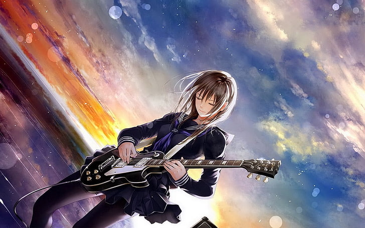 anime girls, guitar, electric guitar, one person, cloud - sky