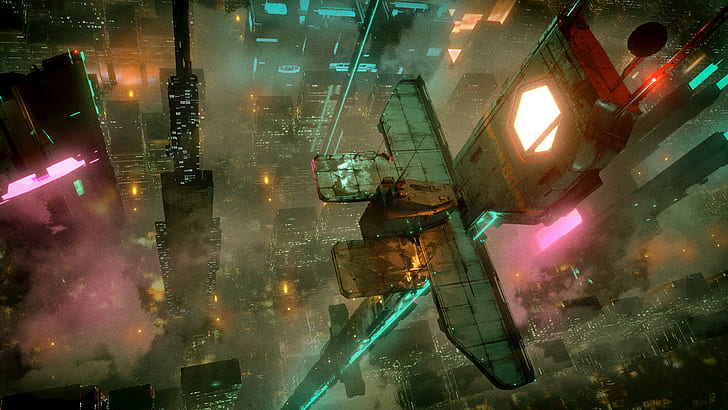 David Legnon, cyberpunk, abandoned, tower, neon glow, mist, HD wallpaper