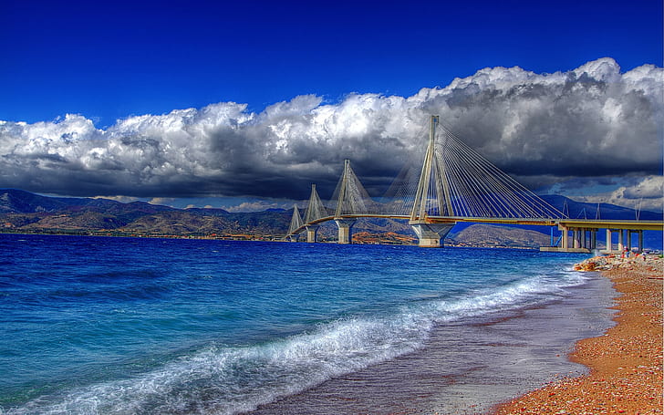 Greece, Gulf of Corinth, cable-stayed bridge, water, coast, sky, clouds, HD wallpaper