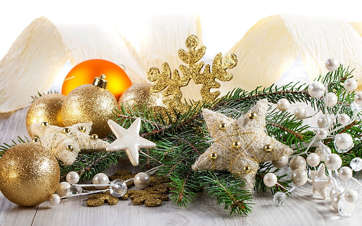 gold, beige, white, and green, Christmas decoration, New Year, HD wallpaper