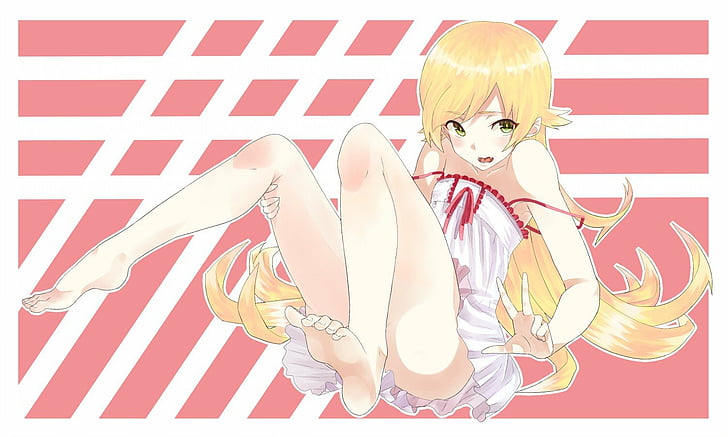 anime, background, bakemonogatari, bare, blondes, blush, dress