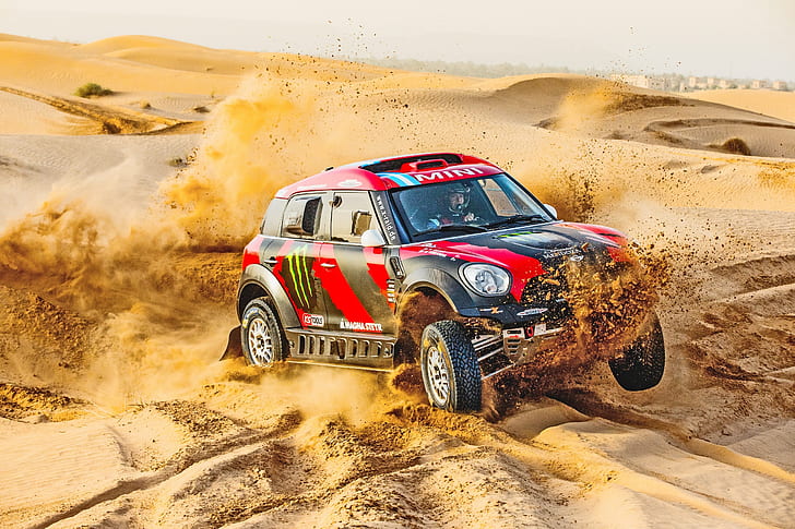Mini Cooper, car, vehicle, desert, racing, sand, HD wallpaper