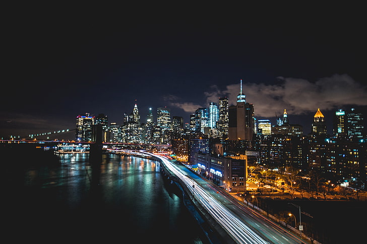Brooklyn Bridge, New York City, clouds, road, car, One World Trade Center