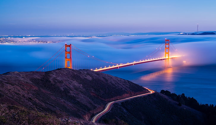 urban, bridge, Los Angeles, Golden Gate Bridge, mist, light trails, HD wallpaper