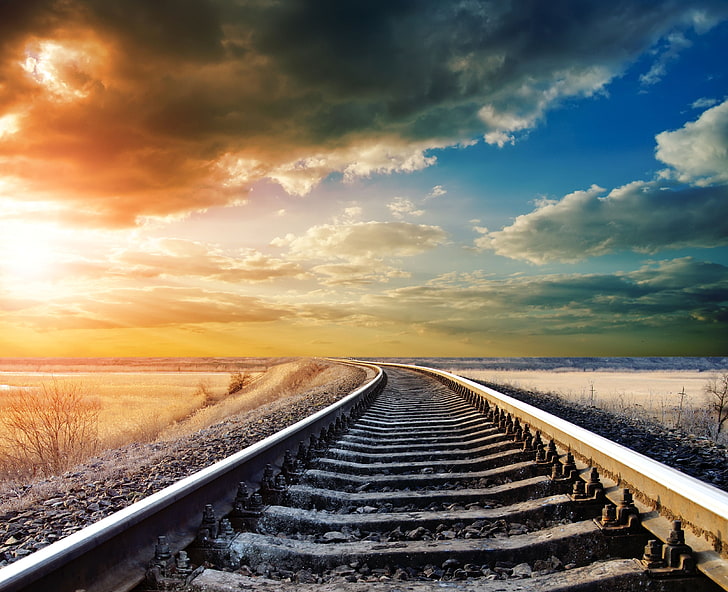 gray railroad, rails, cross ties, decline, evening, railway, paints