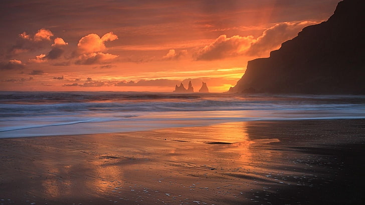 sunset, landscape, shore, waves, sandy beach, evening, water, HD wallpaper