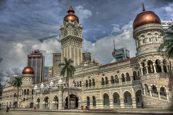 Sultan Abdul Samad Building, brown concrete building, tower, palm trees, HD wallpaper