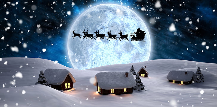 Santa Claus, winter, snow, trees, snowflakes, night, lights, rendering, HD wallpaper