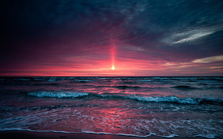 body of water, Sun, sea, beach, sunset, horizon, clouds, sky