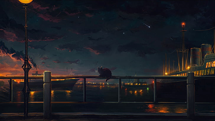 painting, railing, cat, sunset, stars, cityscape, ship, Sylar