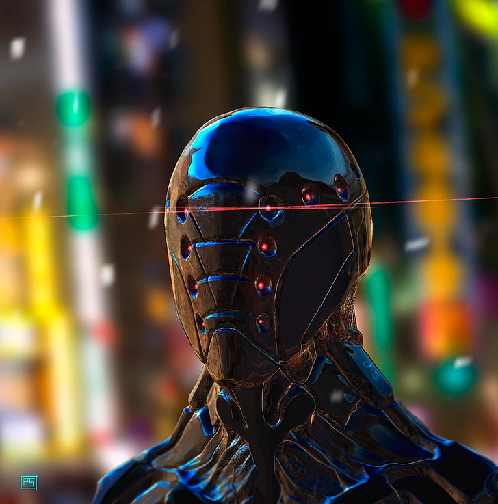 black and blue robot illustration, artwork, one person, night