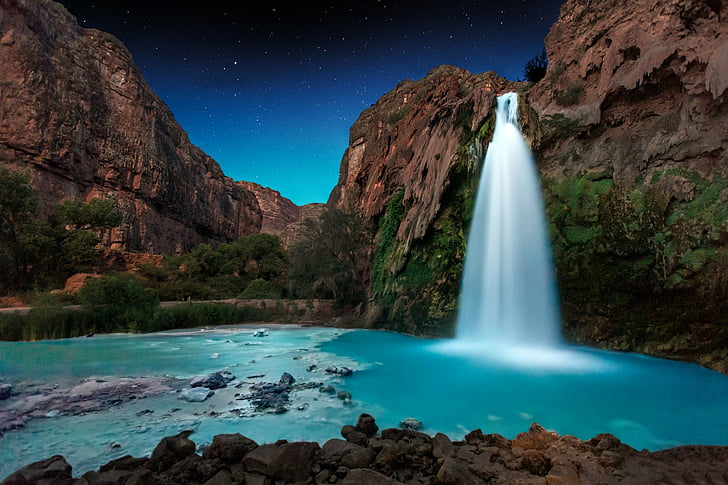 Waterfalls, Havasu Falls, Earth, Night, Rock, HD wallpaper
