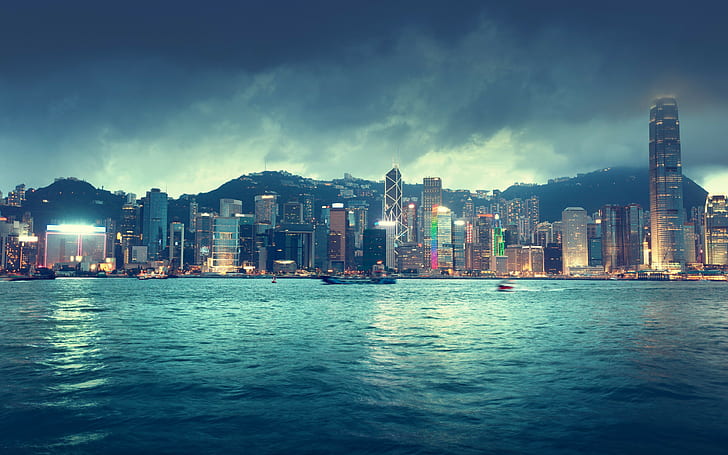 Hong Kong skyline, high rise buildings, China, city, Sea, river