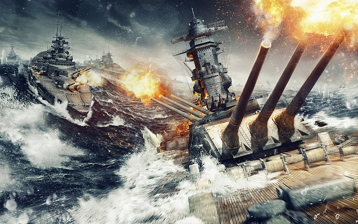 War of Tanks wallpaper, World of Warships , sea, battle, smoke - physical structure, HD wallpaper