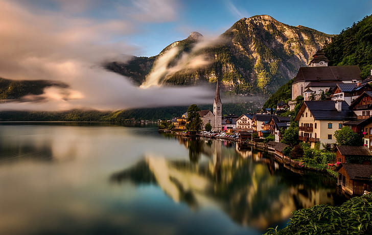 HD wallpaper: austria, hallstatt, village, buildings, lake, clouds,  mountain | Wallpaper Flare