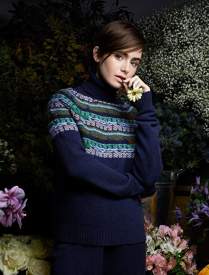 Lily Collins, women, celebrity, turtlenecks, flowers, pullover