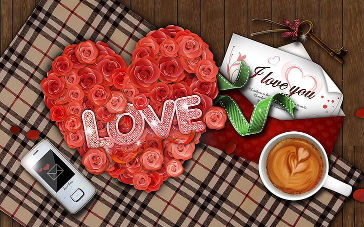 Love letters roses and coffee, HD wallpaper