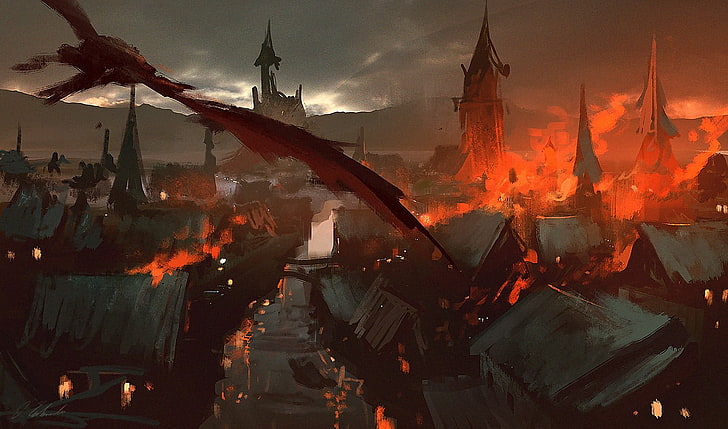 burning castle illustration, Darek Zabrocki , artwork, The Lord of the Rings
