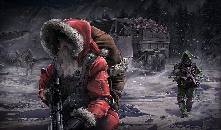soldiers illustration, santa, elves, G36K, Christmas, real people
