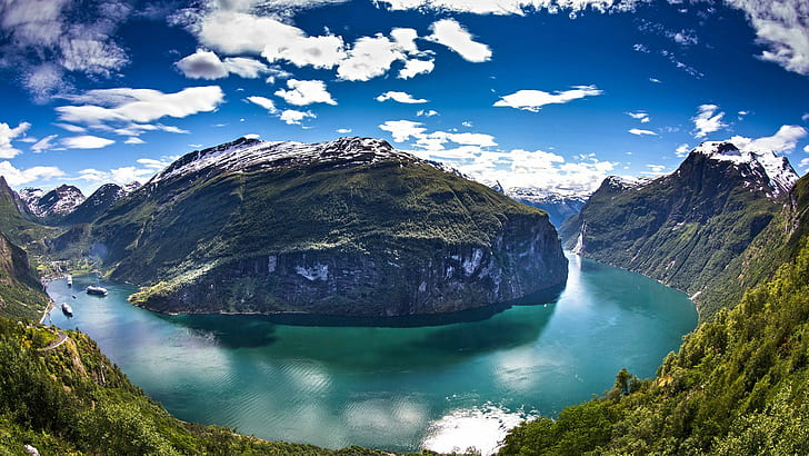 landscape, nature, fjord, Norway, mountains, lake, Geiranger, HD wallpaper