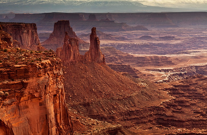 stones, rocks, valley, canyon, panorama, USA, Mesa Arch, Canyonlands National Park, HD wallpaper