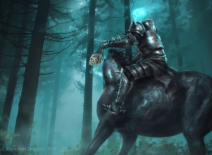 man wearing gray armour riding horse illustration, digital art