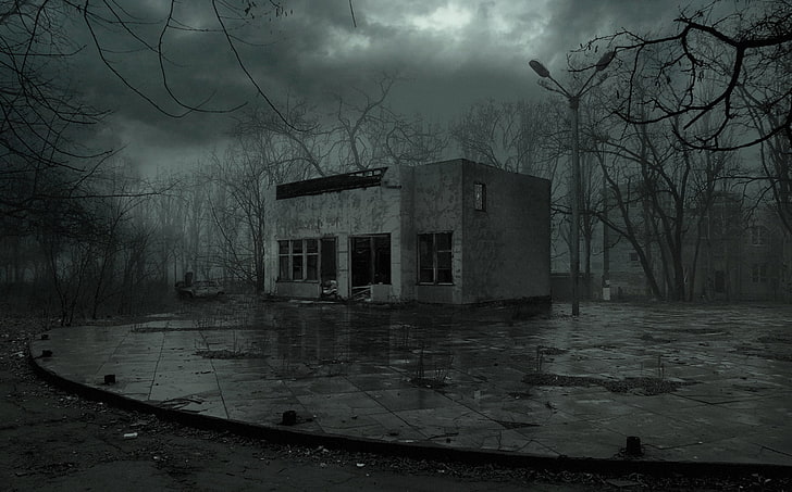 gray concrete building, night, rain, Pripyat, Ukraine, pustosh