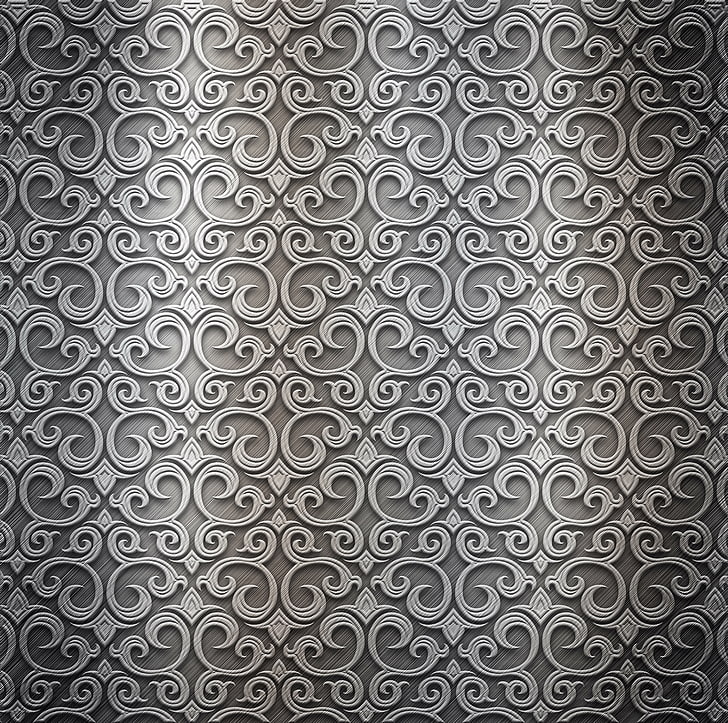 white scrolled digital wallpaper, metal, pattern, silver, texture