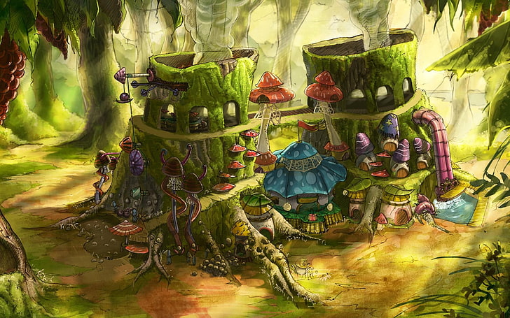 tree house cartoon wallpaper, fantasy art, digital art, mushroom, HD wallpaper