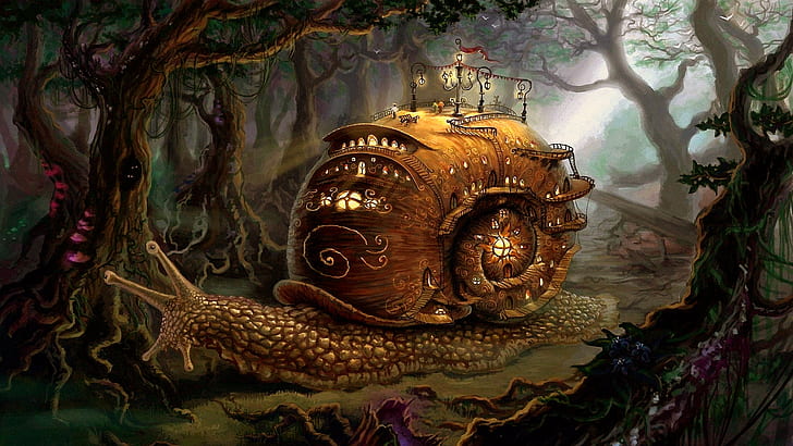 snail, fantasy art, forest, house, snail shell, home, fairytale land, HD wallpaper