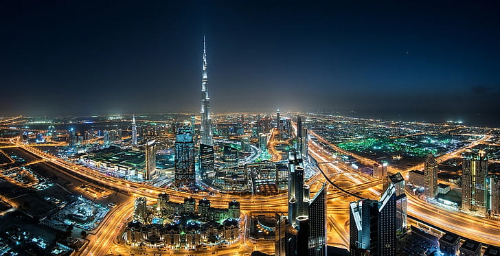 Cityscape, Dubai, Skyscraper, Night, Lights, Mist, United Arab Emirates, Highway, Burj Khalifa, Architecture, City