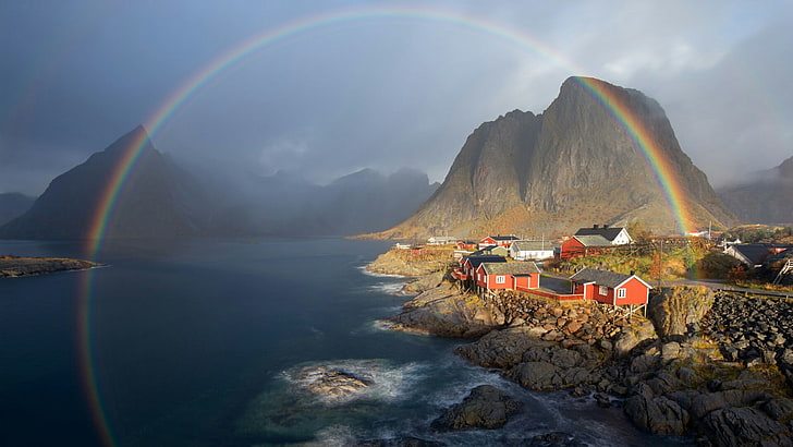 fishing village, red houses, hamnoy, cloud, fjord, nordland