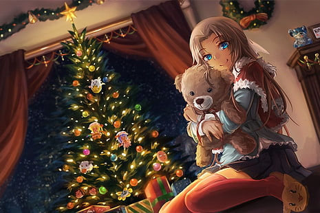 HD wallpaper: fan art, anime girls, Christmas Tree, thigh-highs, holiday |  Wallpaper Flare