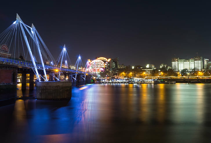 far photo of lighted bridge and body of water, Looking Out, south  bank
