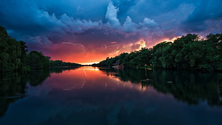 Dusk scenery, river, storm clouds, house, trees, lightning, HD wallpaper