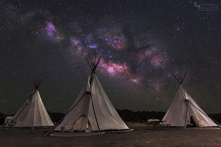 three grey tipi tents, the sky, stars, the milky way, wigwam